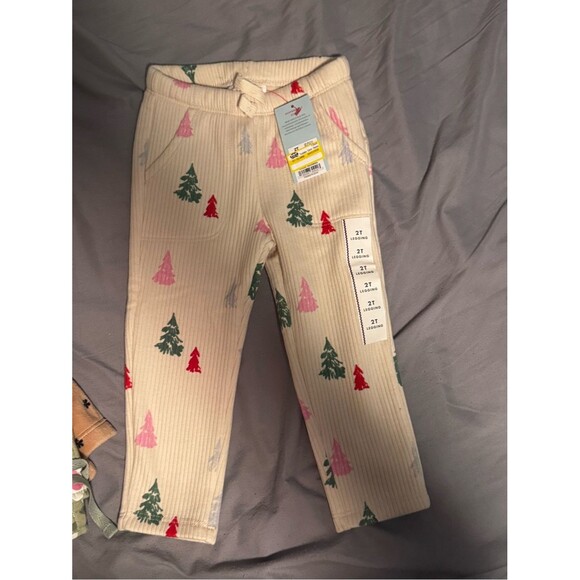 Cat & Jack Other - Cat and Jack Kids Cream Ribbed Pajama Leggings with Pink & Green Tree Print